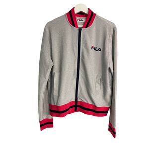 Fila Metallic Silver Zip Jacket Pink Trim Logo Athletic Track Jacket L